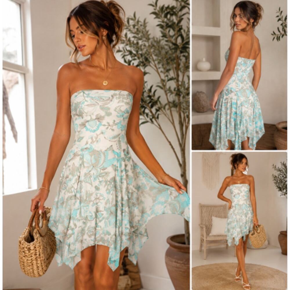 Rhapsody Strapless Handkerchief Hem Dress S Blue Floral Fairy Boho Y2K